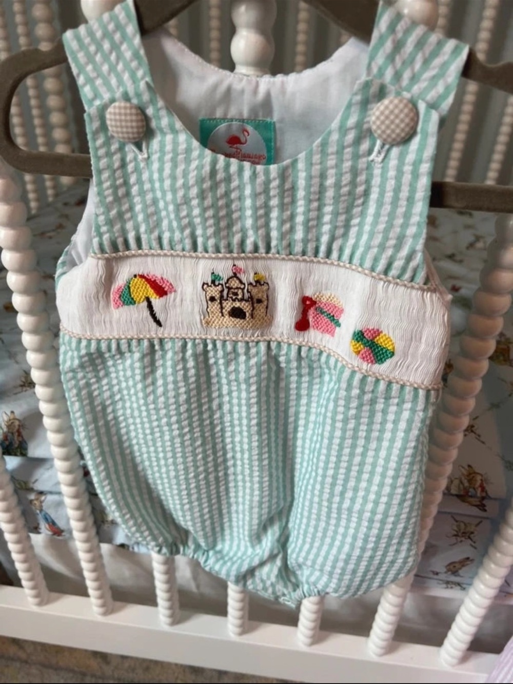 Smocked Sea Shells Mint Seersucker Baby Romper